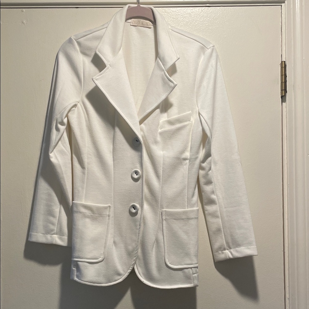 Suzie Kondi White Soft Textured Tailored Button Down Blazer Jacket